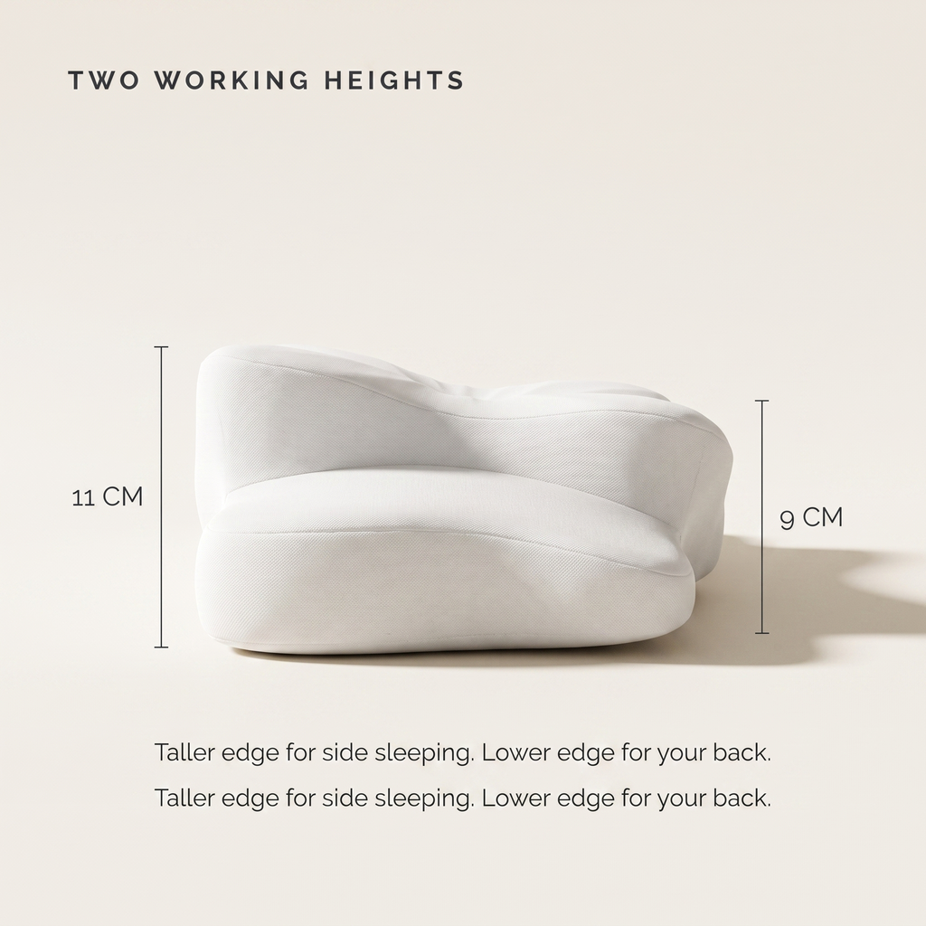 Side profile of the ATLARA pillow showing its 11 cm and 9 cm working heights