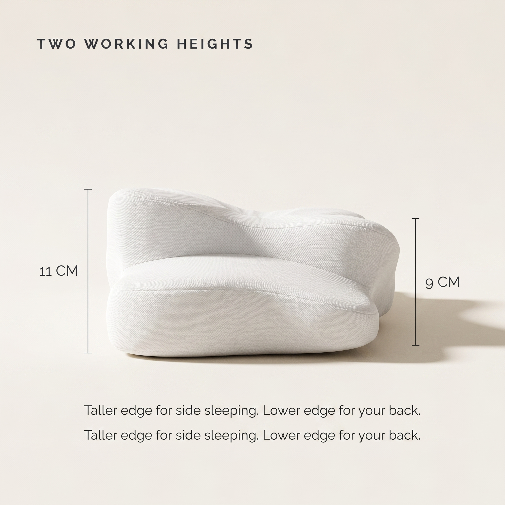 Side profile of the ATLARA pillow showing its 11 cm and 9 cm working heights