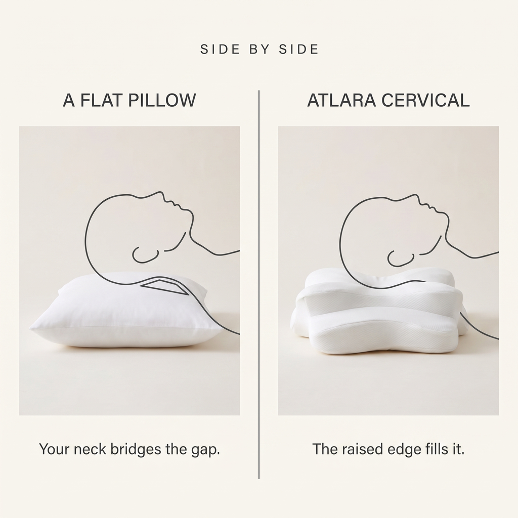 A flat pillow and the ATLARA pillow compared side by side in profile