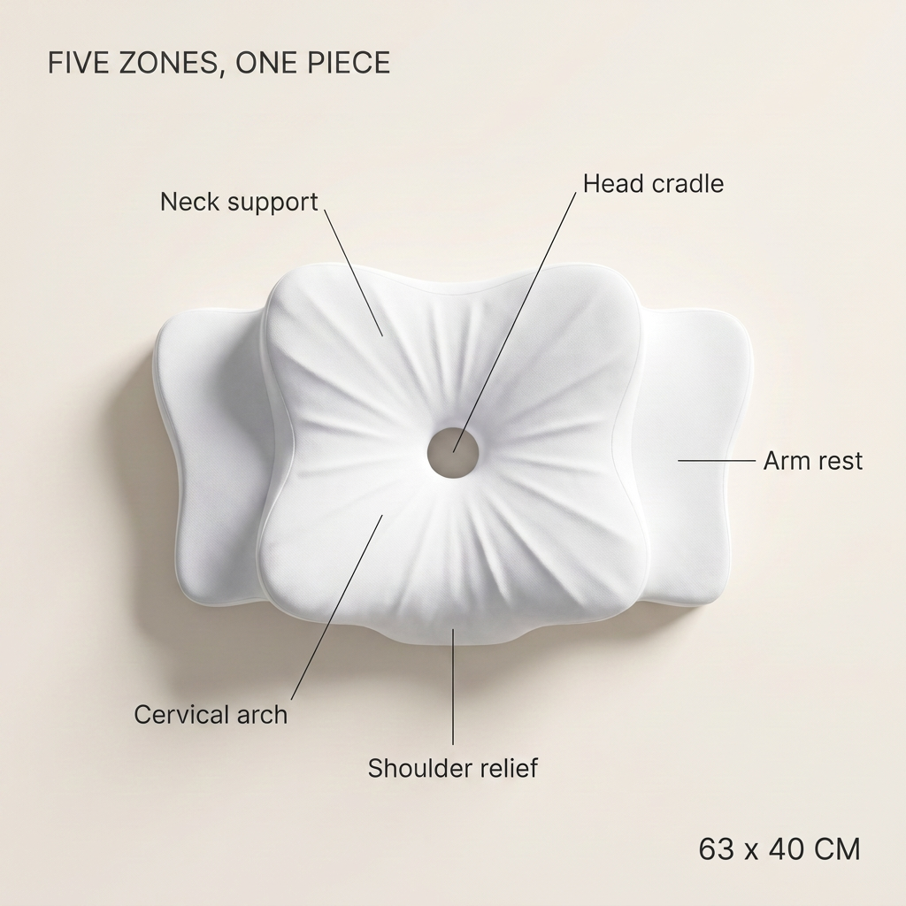 Plan view of the ATLARA pillow showing the head cradle, neck support, cervical arch, shoulder relief and arm rests